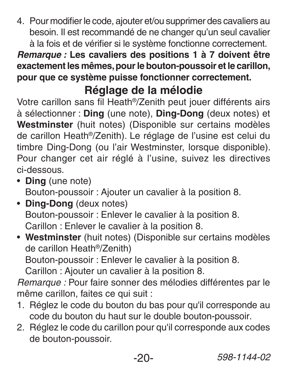 Réglage de la mélodie | Heath Zenith Wireless Dual Push Button Accessory SL-6200 User Manual | Page 20 / 24