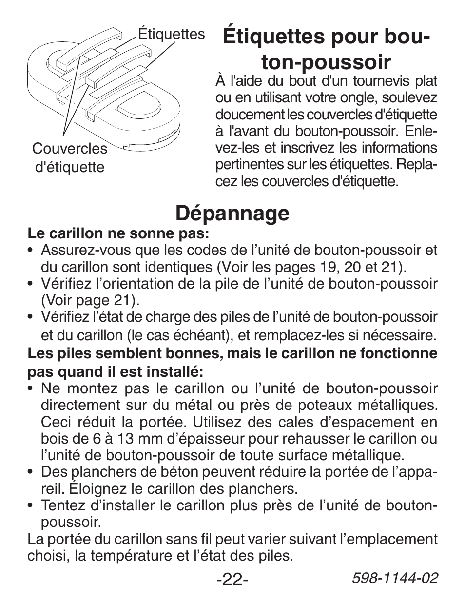 Dépannage, Étiquettes pour bou- ton-poussoir | Heath Zenith Wireless Dual Push Button Accessory SL-6200 User Manual | Page 22 / 24