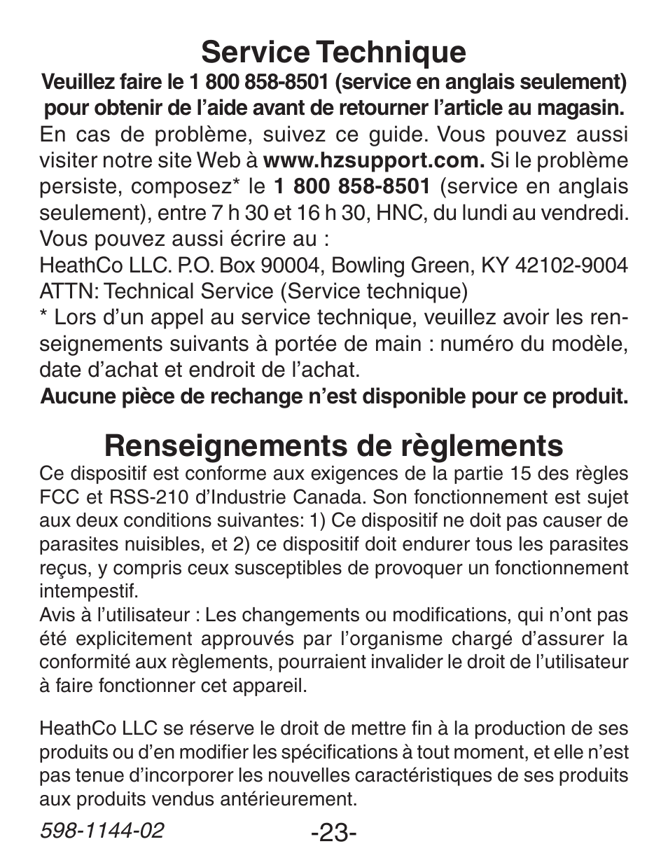 Service technique, Renseignements de règlements | Heath Zenith Wireless Dual Push Button Accessory SL-6200 User Manual | Page 23 / 24