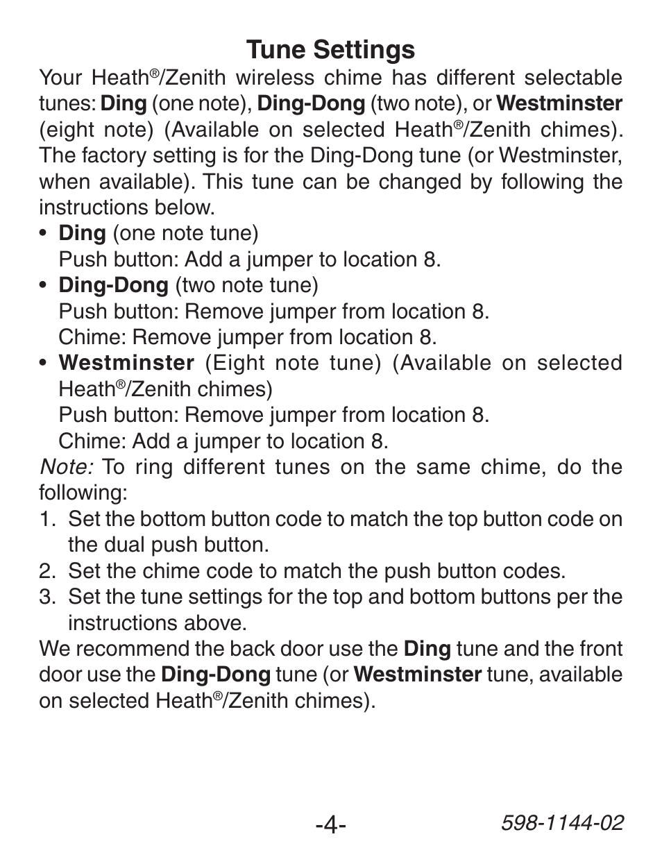 Tune settings | Heath Zenith Wireless Dual Push Button Accessory SL-6200 User Manual | Page 4 / 24