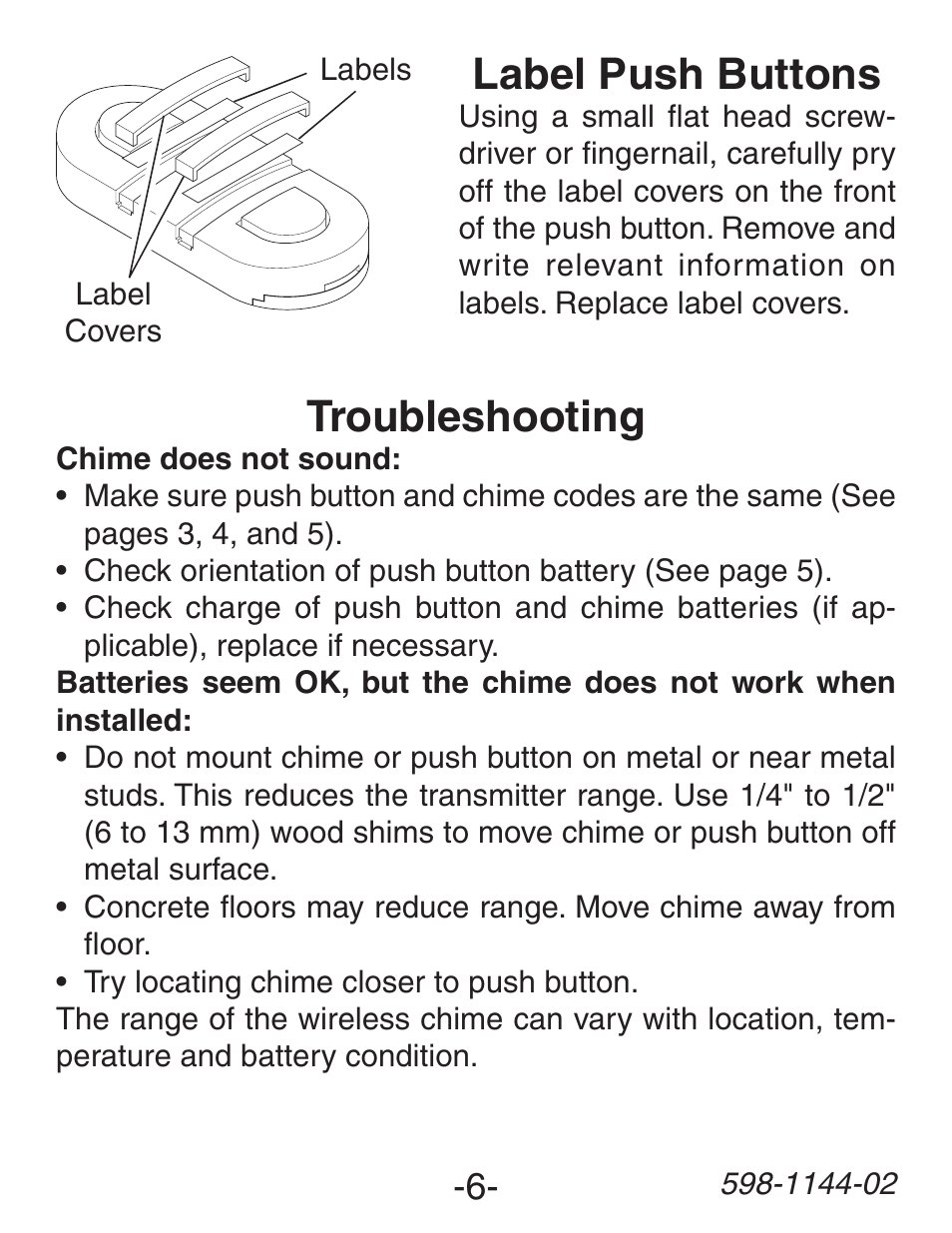 Troubleshooting, Label push buttons | Heath Zenith Wireless Dual Push Button Accessory SL-6200 User Manual | Page 6 / 24