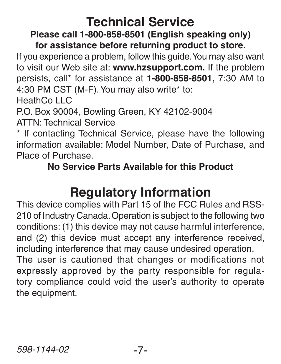 Regulatory information, Technical service | Heath Zenith Wireless Dual Push Button Accessory SL-6200 User Manual | Page 7 / 24