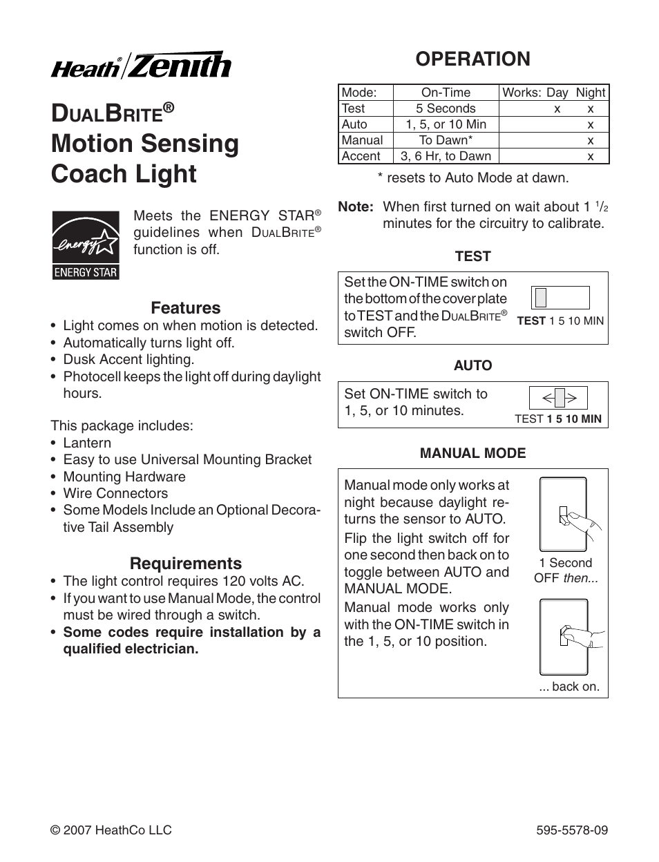 Heath Zenith DualBrite Motion Sensing Coach Light 595-5578-09 User Manual | 24 pages