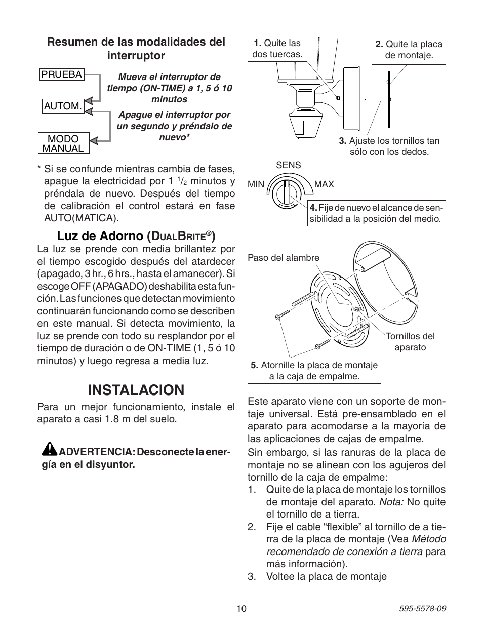 Instalacion, Luz de adorno (d | Heath Zenith DualBrite Motion Sensing Coach Light 595-5578-09 User Manual | Page 10 / 24