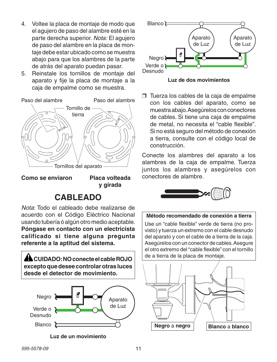 Cableado | Heath Zenith DualBrite Motion Sensing Coach Light 595-5578-09 User Manual | Page 11 / 24
