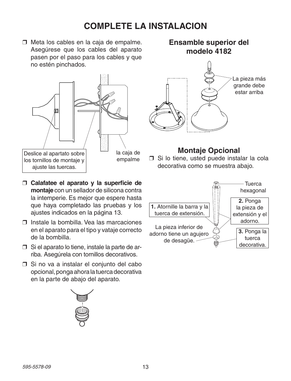 Complete la instalacion, Ensamble superior del modelo 4182, Montaje opcional | Heath Zenith DualBrite Motion Sensing Coach Light 595-5578-09 User Manual | Page 13 / 24