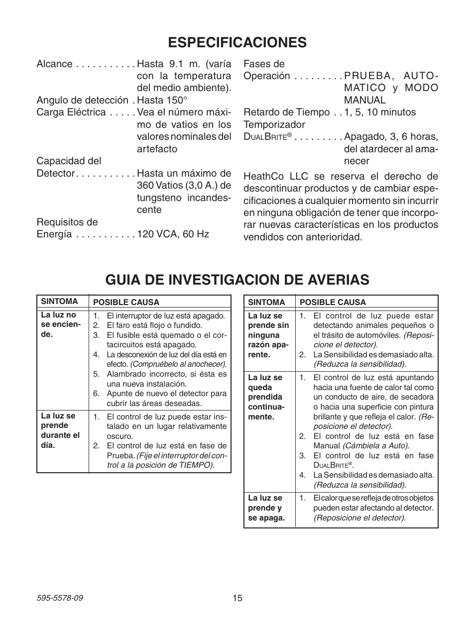 Guia de investigacion de averias, Especificaciones | Heath Zenith DualBrite Motion Sensing Coach Light 595-5578-09 User Manual | Page 15 / 24