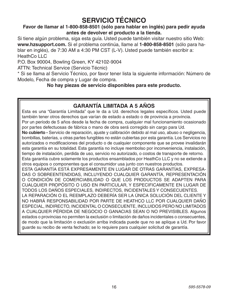 Servicio técnico | Heath Zenith DualBrite Motion Sensing Coach Light 595-5578-09 User Manual | Page 16 / 24