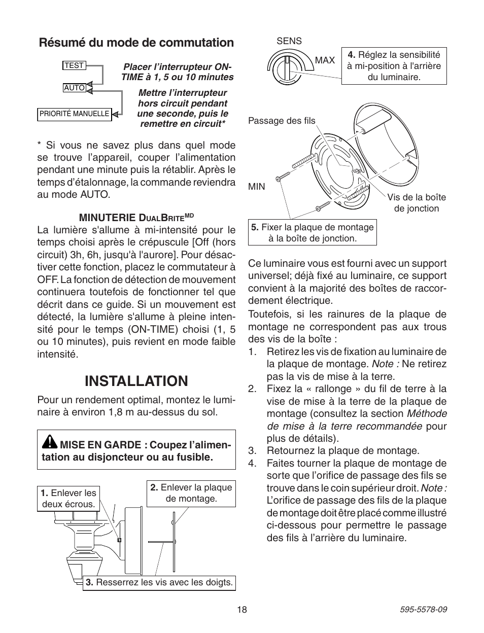 Installation, Résumé du mode de commutation | Heath Zenith DualBrite Motion Sensing Coach Light 595-5578-09 User Manual | Page 18 / 24
