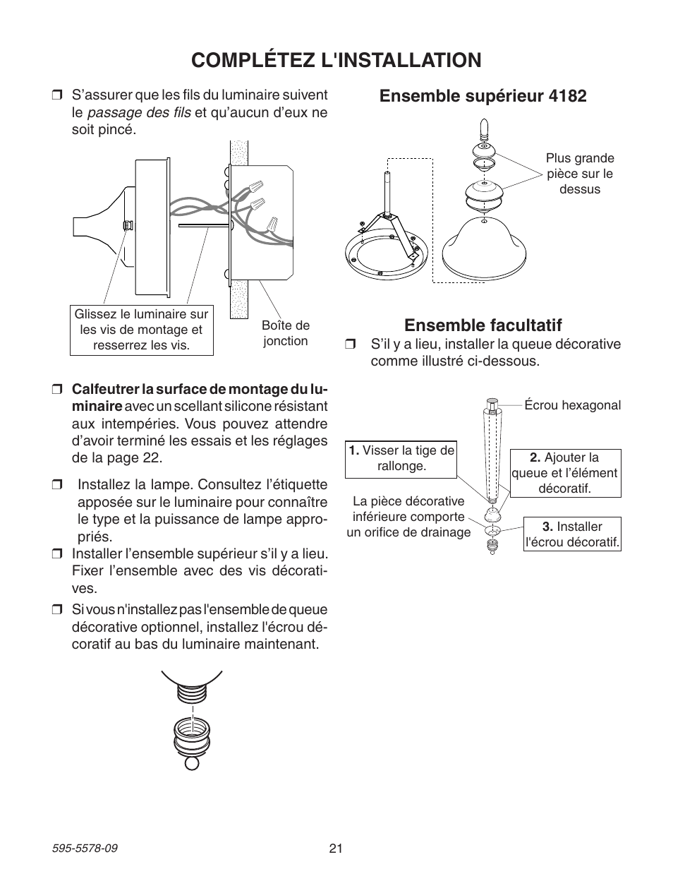 Complétez l'installation, Ensemble supérieur 4182, Ensemble facultatif | Heath Zenith DualBrite Motion Sensing Coach Light 595-5578-09 User Manual | Page 21 / 24