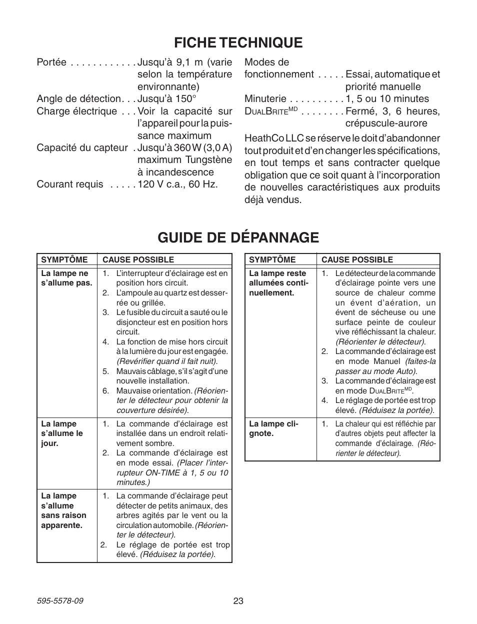 Guide de dépannage, Fiche technique | Heath Zenith DualBrite Motion Sensing Coach Light 595-5578-09 User Manual | Page 23 / 24