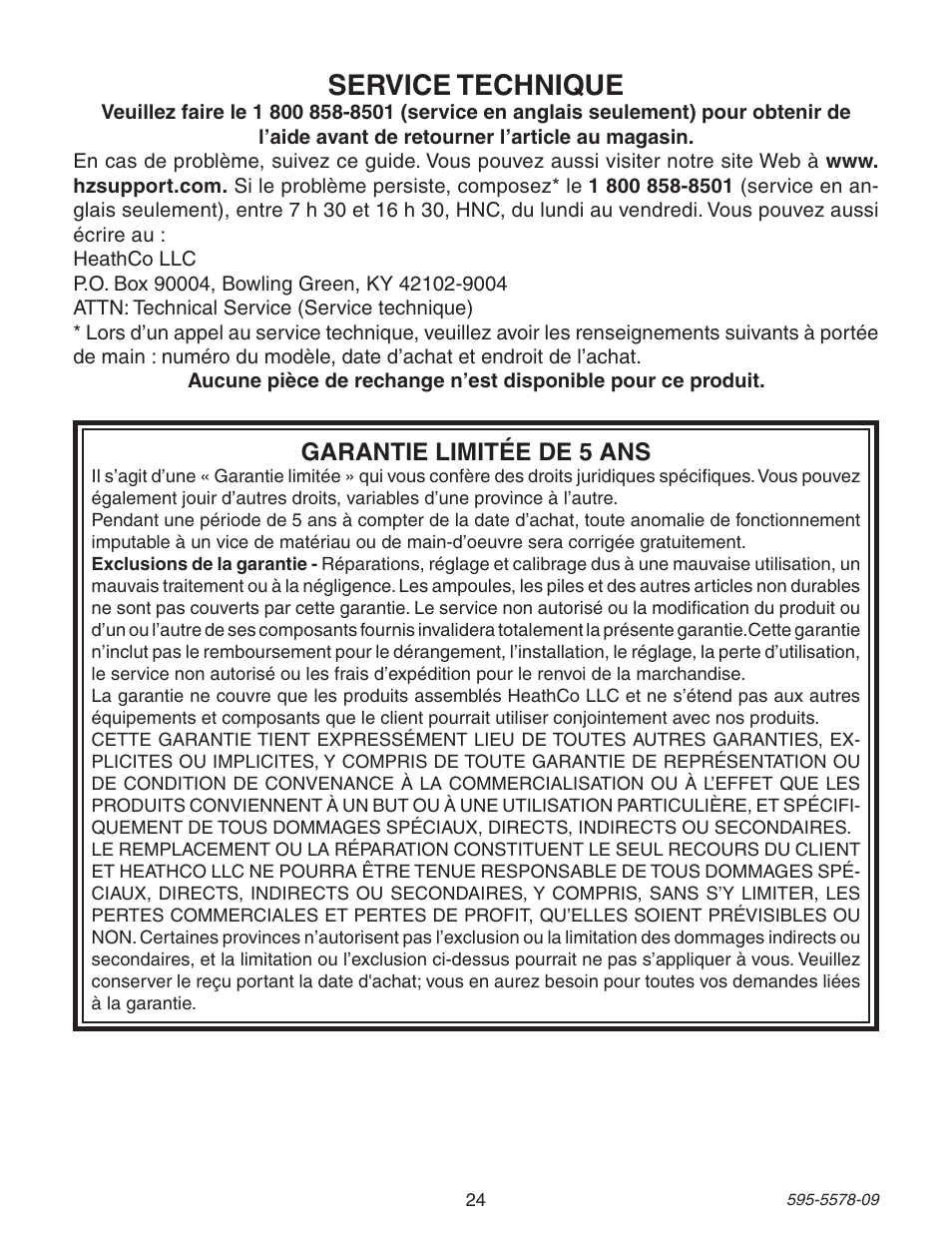 Service technique, Garantie limitée de 5 ans | Heath Zenith DualBrite Motion Sensing Coach Light 595-5578-09 User Manual | Page 24 / 24