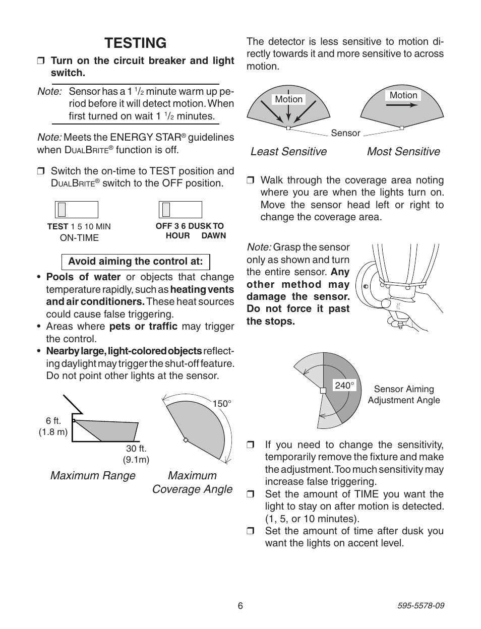 Testing | Heath Zenith DualBrite Motion Sensing Coach Light 595-5578-09 User Manual | Page 6 / 24