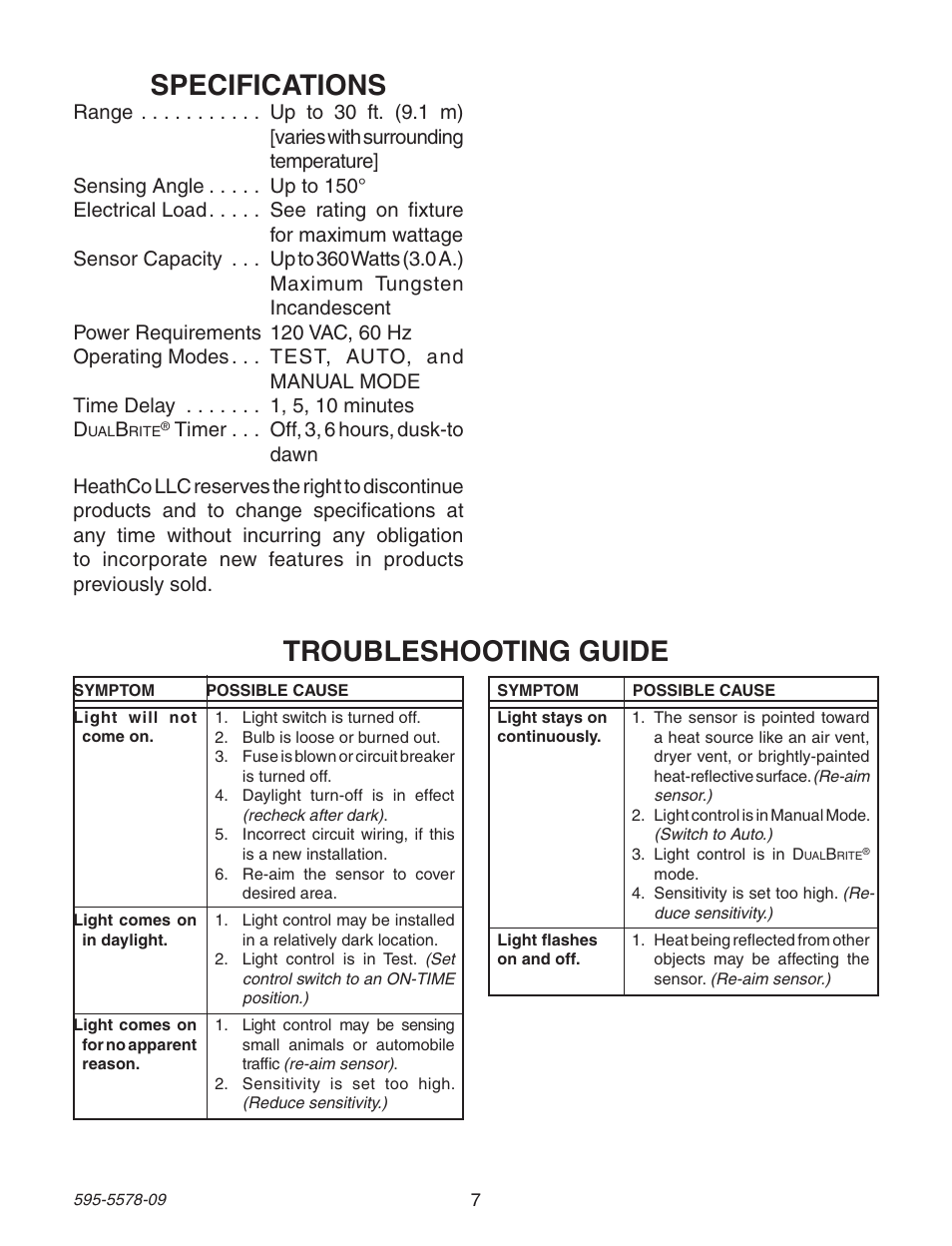 Specifications, Troubleshooting guide | Heath Zenith DualBrite Motion Sensing Coach Light 595-5578-09 User Manual | Page 7 / 24