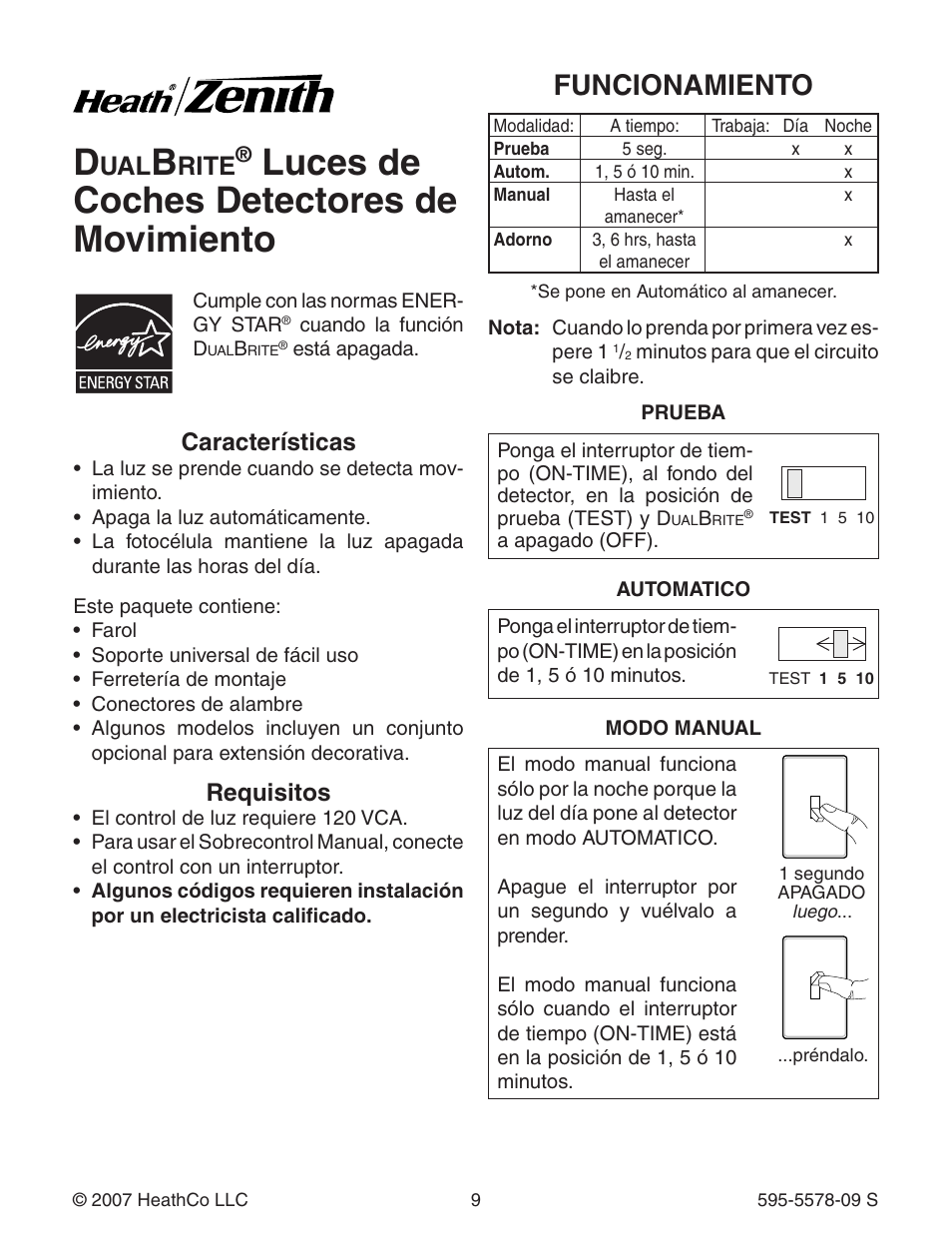 Luces de coches detectores de movimiento, Funcionamiento, Rite | Características, Requisitos | Heath Zenith DualBrite Motion Sensing Coach Light 595-5578-09 User Manual | Page 9 / 24