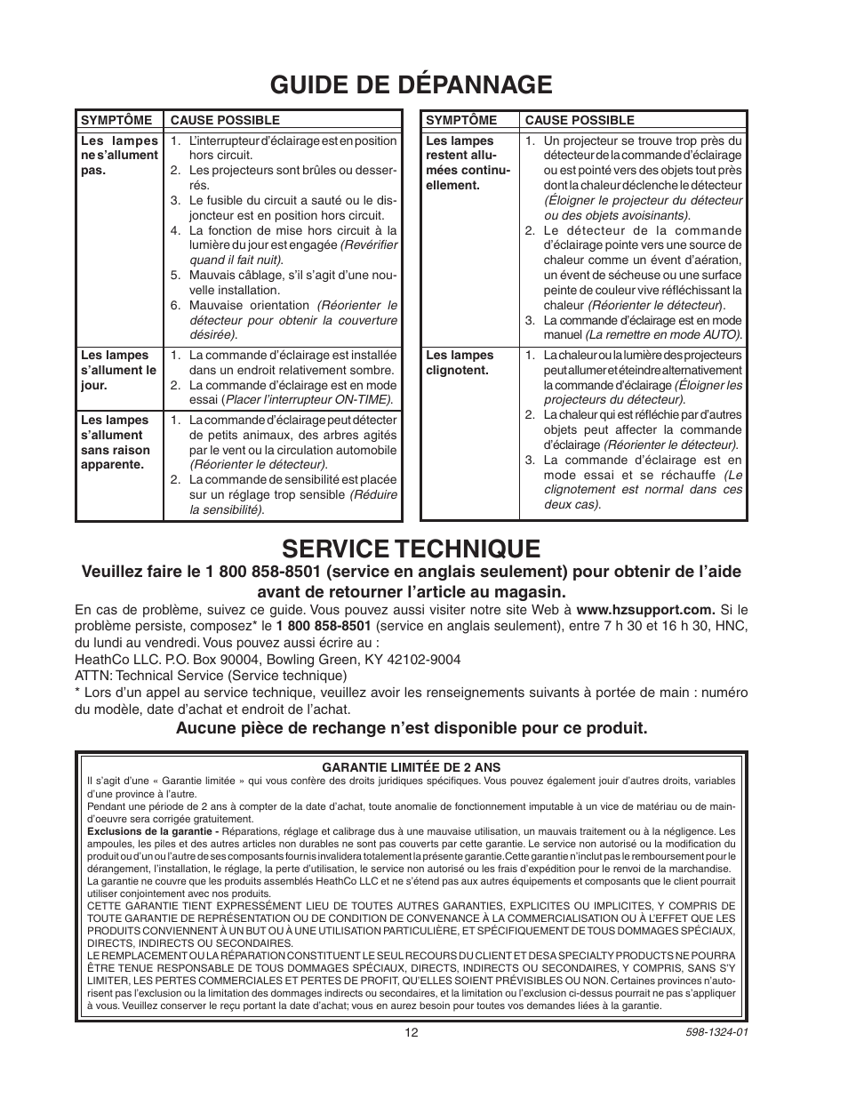 Guide de dépannage, Service technique | Heath Zenith BL-5511 User Manual | Page 12 / 12