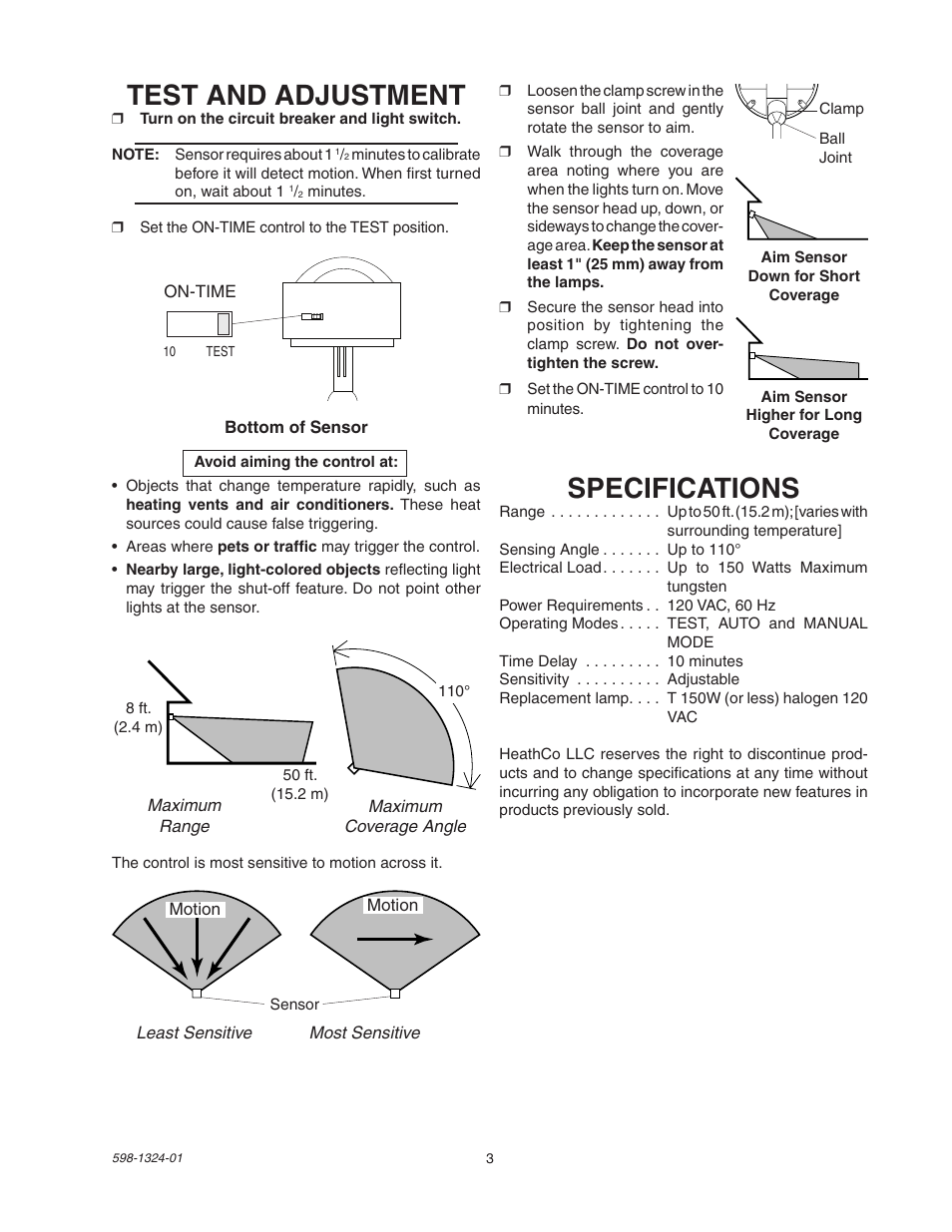 Specifications, Test and adjustment | Heath Zenith BL-5511 User Manual | Page 3 / 12