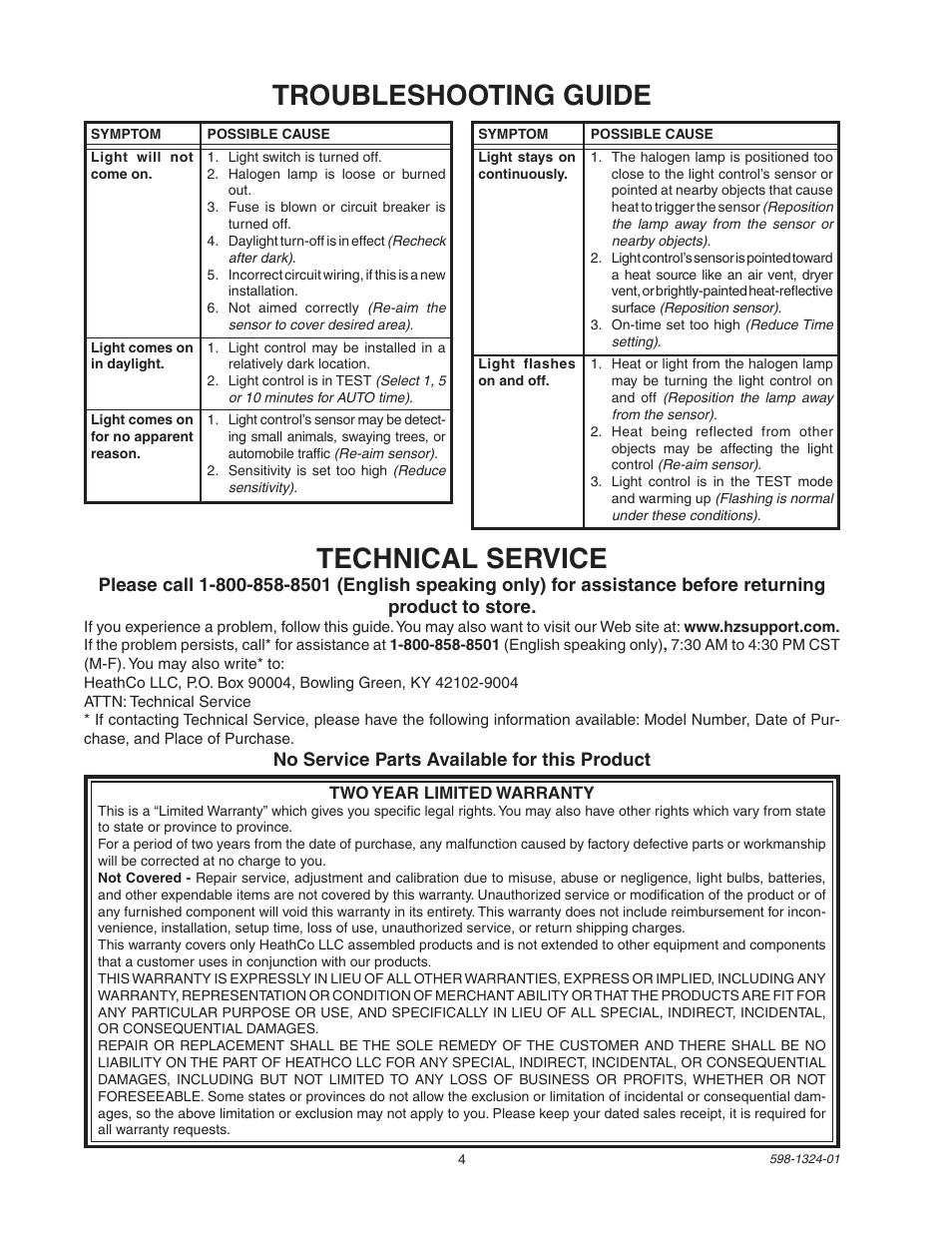 Troubleshooting guide, Technical service | Heath Zenith BL-5511 User Manual | Page 4 / 12