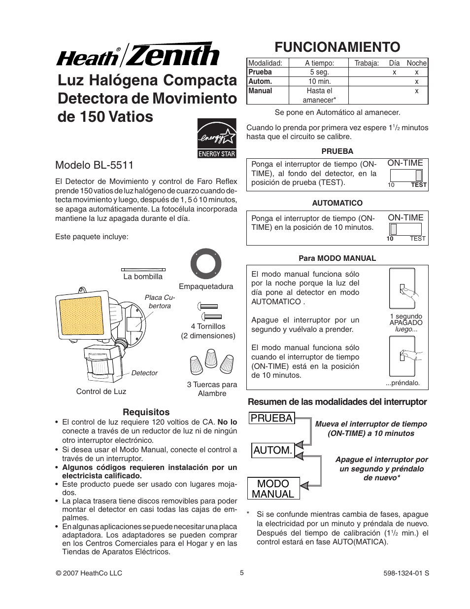 Funcionamiento, Modelo bl-5511, Prueba autom. modo manual | Heath Zenith BL-5511 User Manual | Page 5 / 12