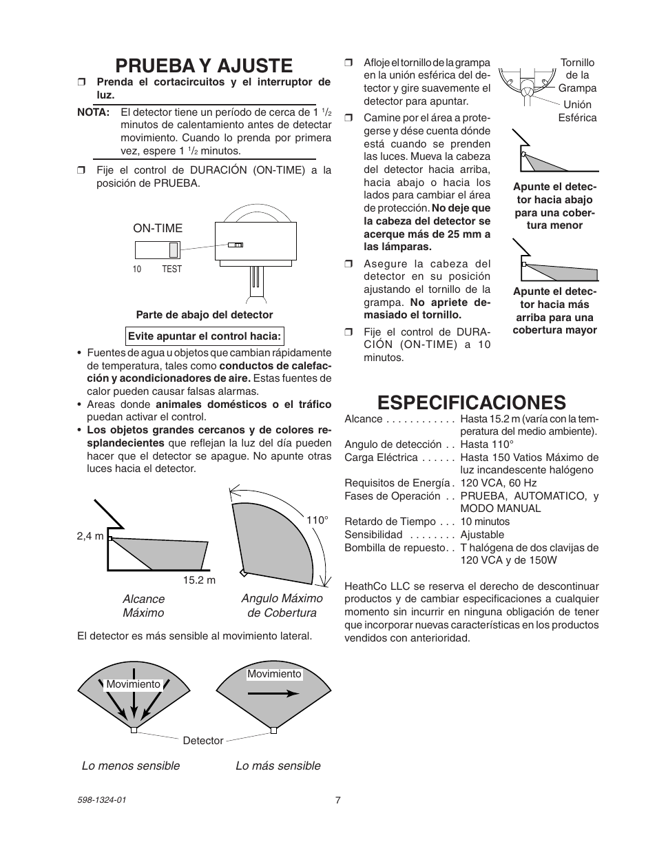 Especificaciones, Prueba y ajuste | Heath Zenith BL-5511 User Manual | Page 7 / 12