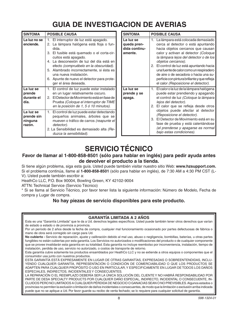 Guia de investigacion de averias, Servicio técnico | Heath Zenith BL-5511 User Manual | Page 8 / 12