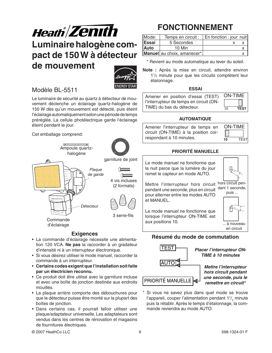 Fonctionnement, Modèle bl-5511 | Heath Zenith BL-5511 User Manual | Page 9 / 12