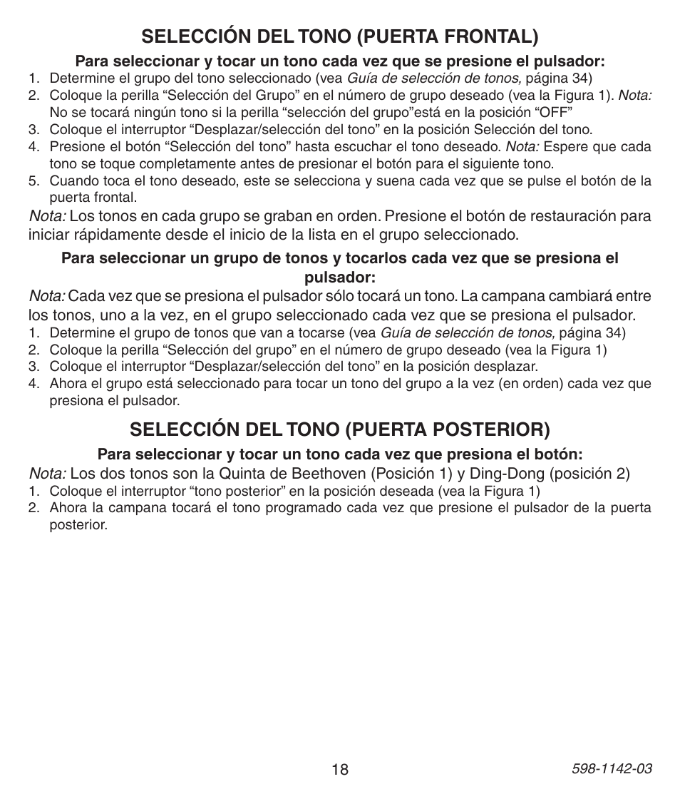 Selección del tono (puerta frontal), Selección del tono (puerta posterior) | Heath Zenith 125C User Manual | Page 18 / 36
