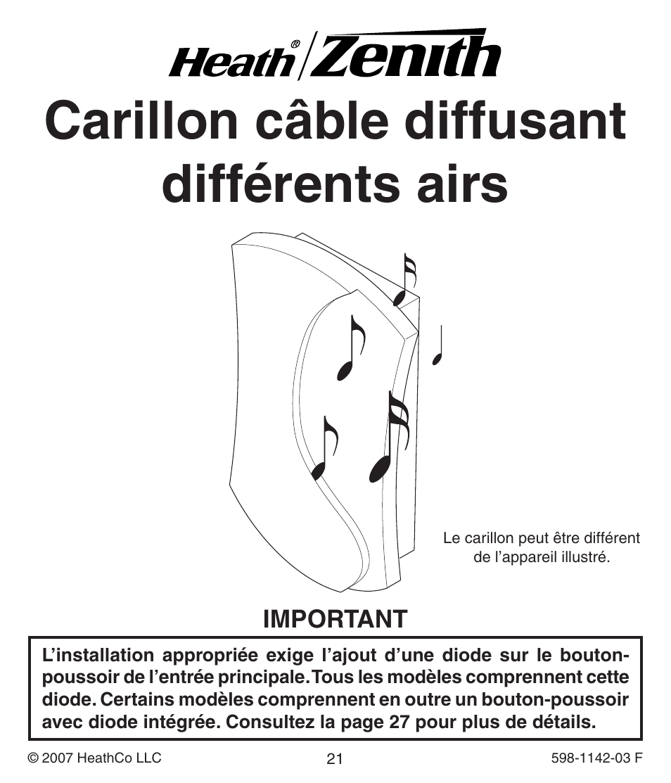 Carillon câble diffusant différents airs | Heath Zenith 125C User Manual | Page 21 / 36