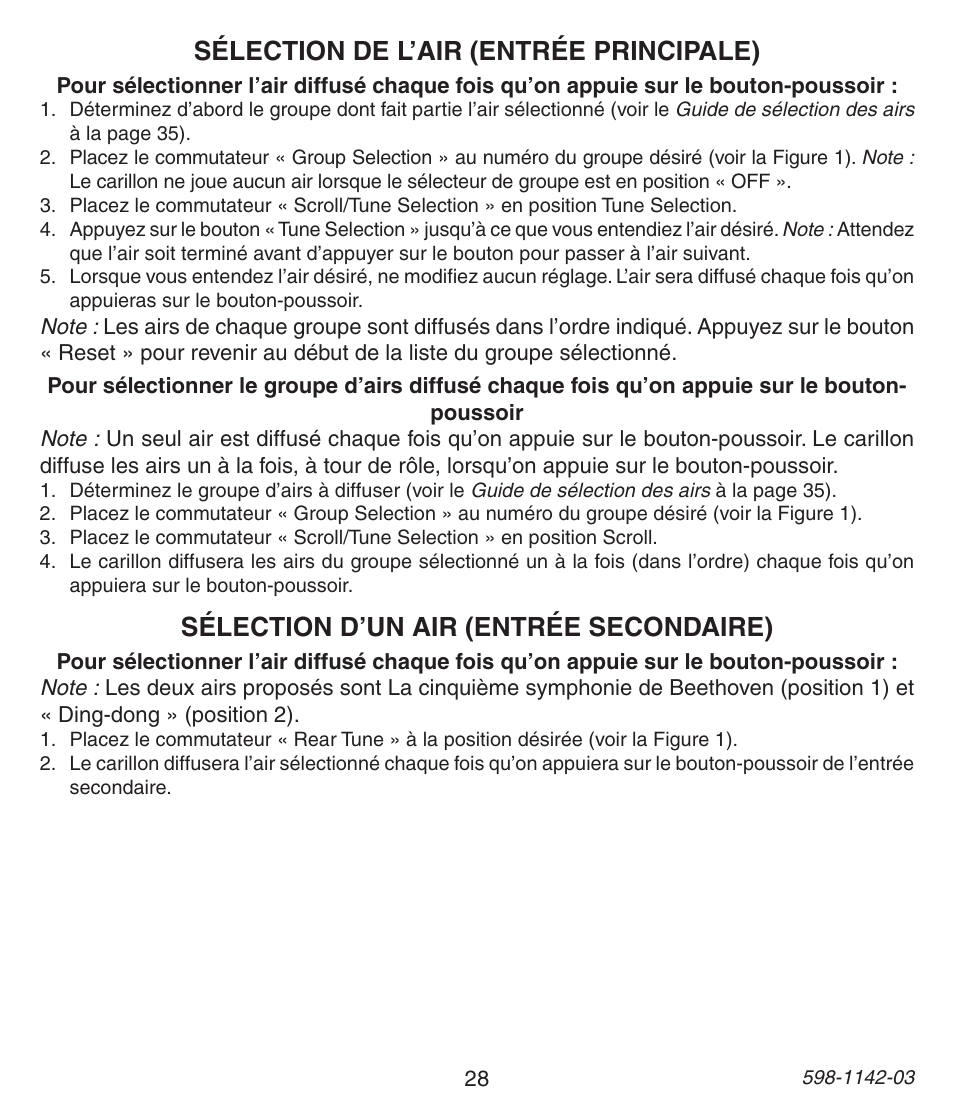 Sélection de l’air (entrée principale), Sélection d’un air (entrée secondaire) | Heath Zenith 125C User Manual | Page 28 / 36