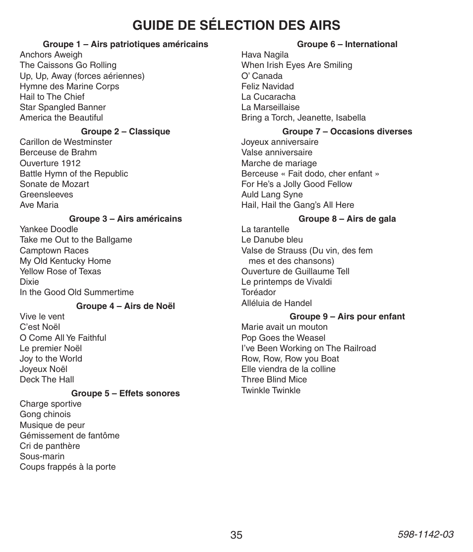 Guide de sélection des airs | Heath Zenith 125C User Manual | Page 35 / 36