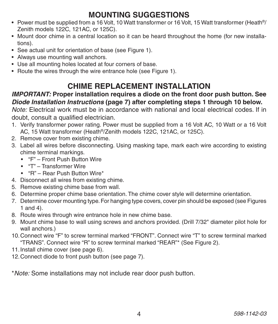 Chime replacement installation, Mounting suggestions | Heath Zenith 125C User Manual | Page 4 / 36