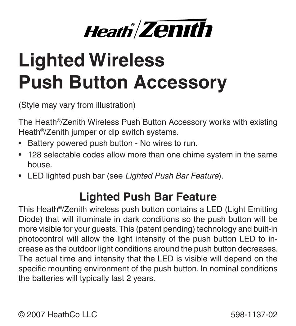 Heath Zenith Lighted Wireless Push Button Accessory User Manual | 24 pages