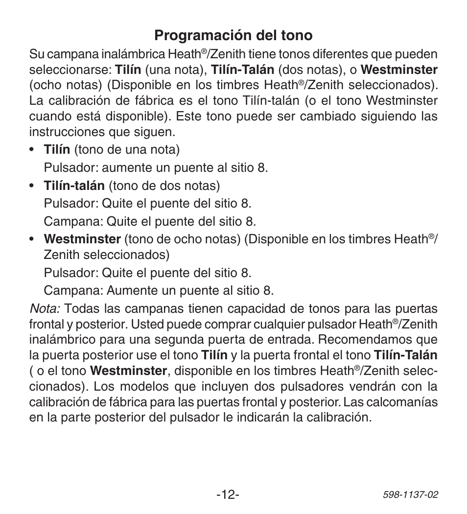 Programación del tono | Heath Zenith Lighted Wireless Push Button Accessory User Manual | Page 12 / 24