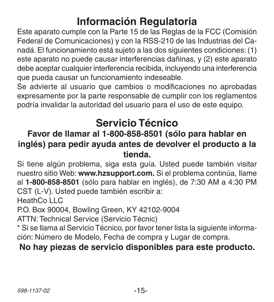 Servicio técnico, Información regulatoria | Heath Zenith Lighted Wireless Push Button Accessory User Manual | Page 15 / 24