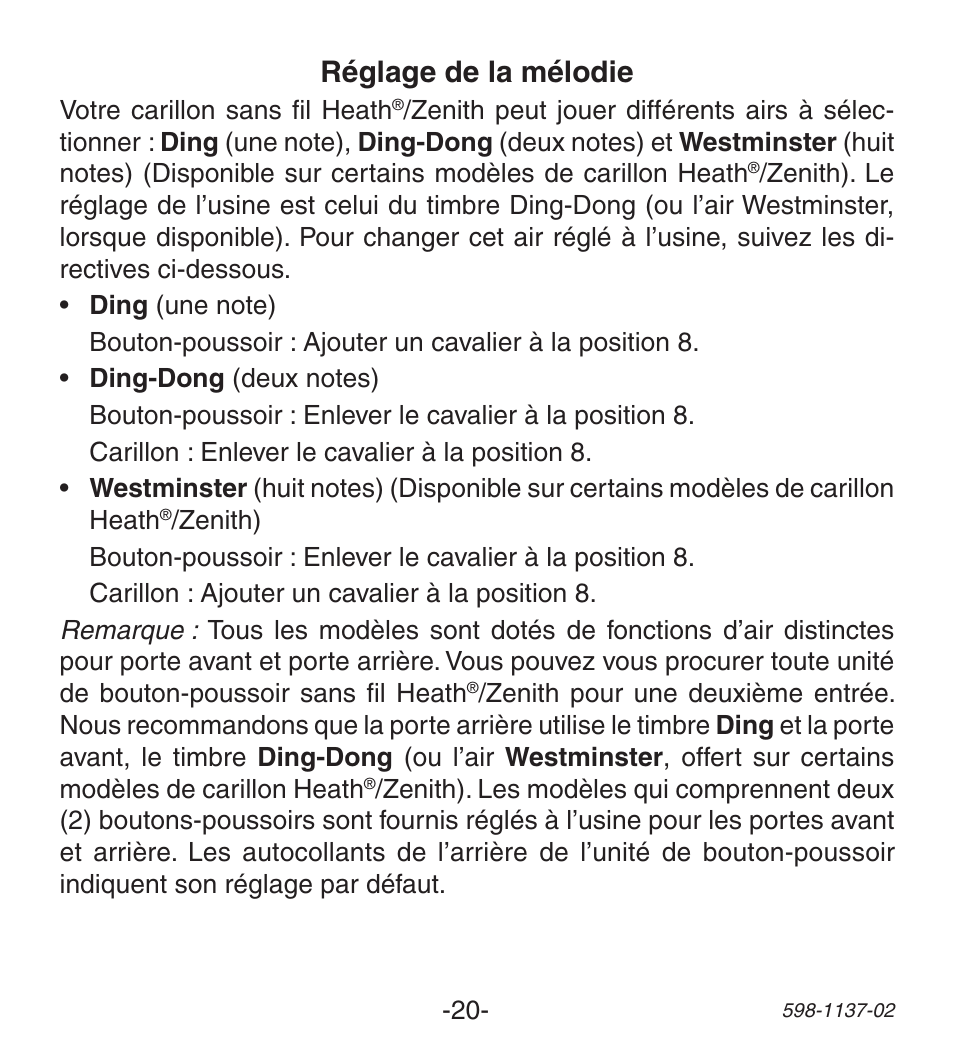 Réglage de la mélodie | Heath Zenith Lighted Wireless Push Button Accessory User Manual | Page 20 / 24