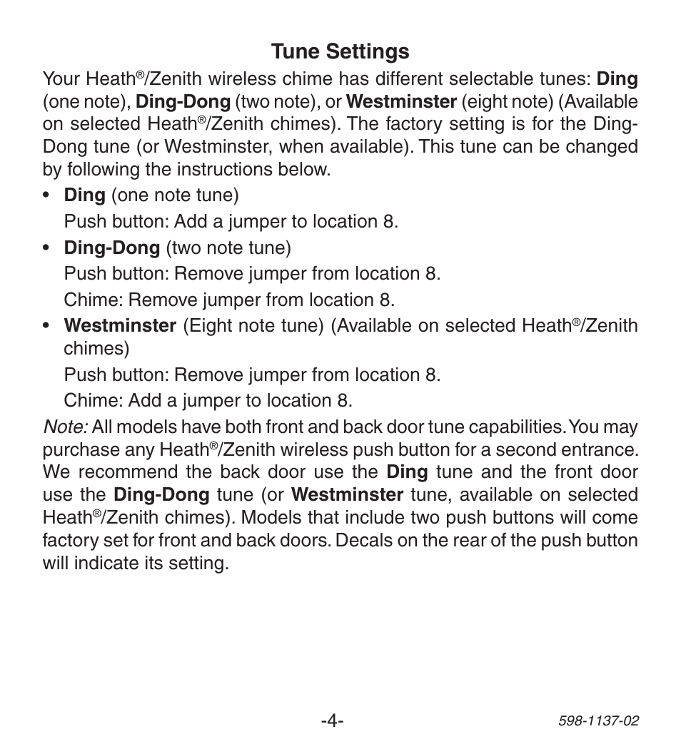 Tune settings | Heath Zenith Lighted Wireless Push Button Accessory User Manual | Page 4 / 24