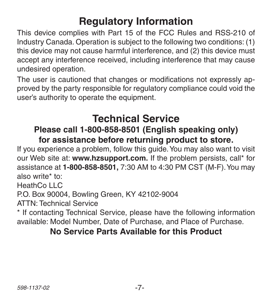 Regulatory information, Technical service | Heath Zenith Lighted Wireless Push Button Accessory User Manual | Page 7 / 24