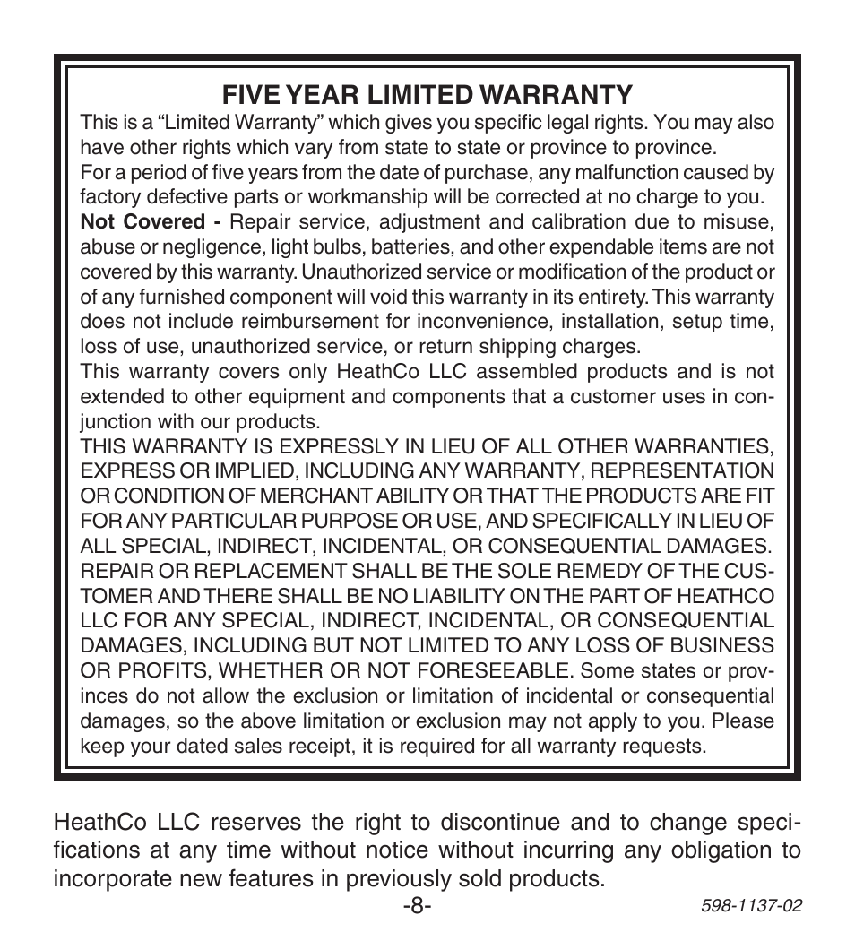 Five year limited warranty | Heath Zenith Lighted Wireless Push Button Accessory User Manual | Page 8 / 24