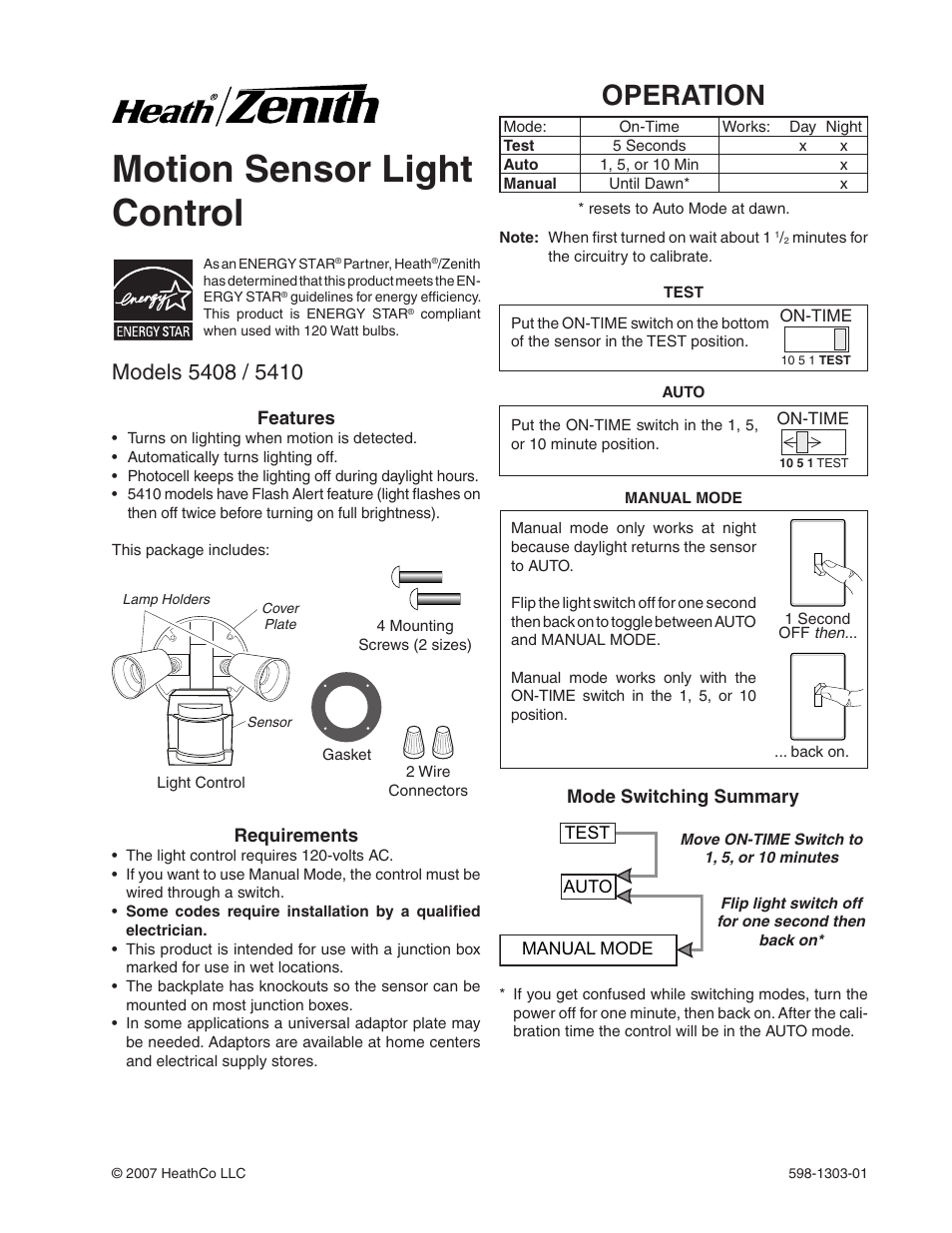 Heath Zenith Motion Sensor Light Control 5408 / 5410 User Manual | 20 pages