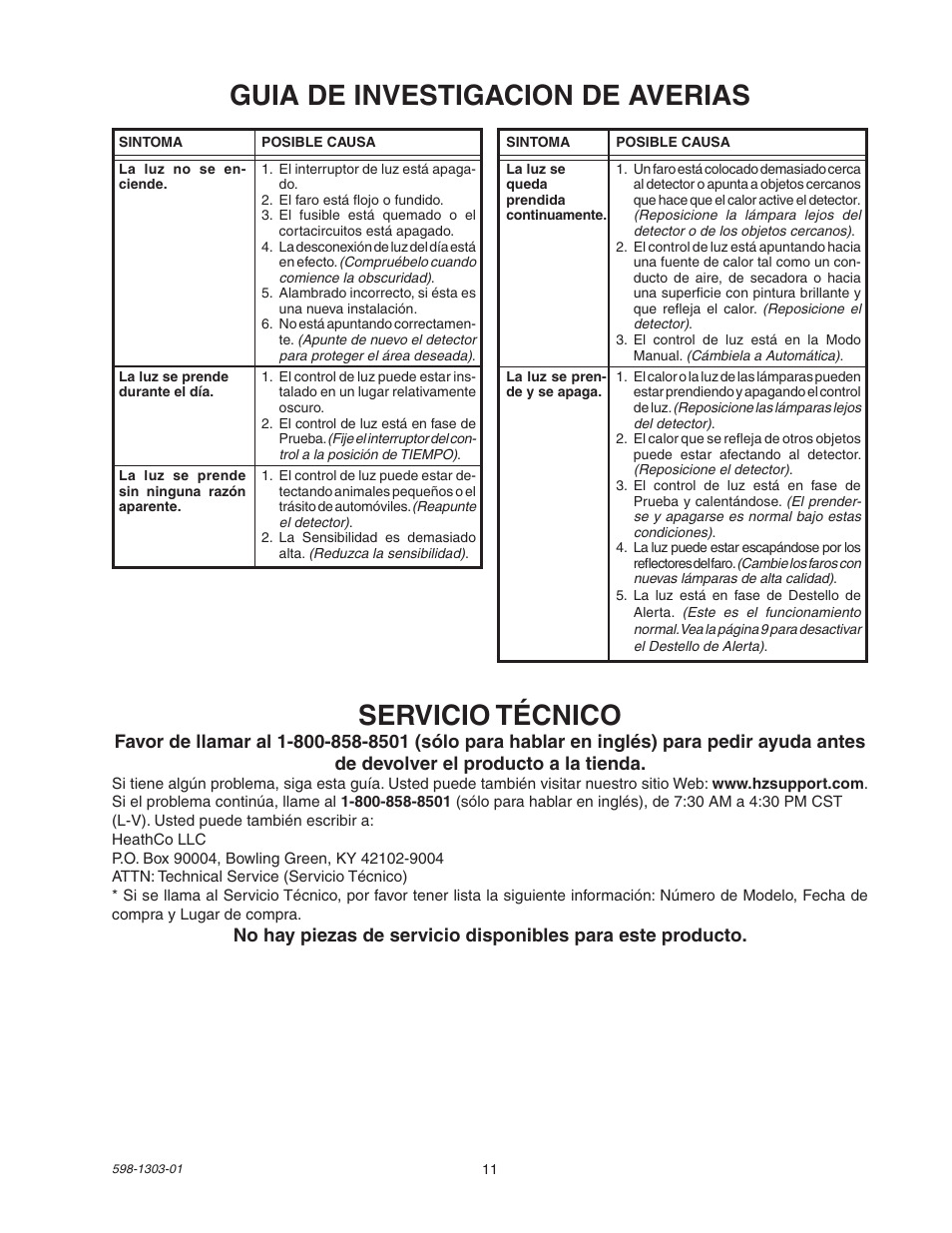 Guia de investigacion de averias, Servicio técnico | Heath Zenith Motion Sensor Light Control 5408 / 5410 User Manual | Page 11 / 20