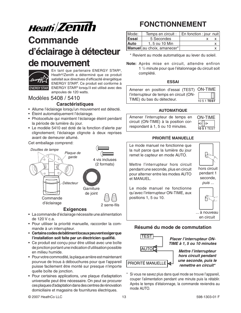 Commande d’éclairage à détecteur de mouvement, Fonctionnement | Heath Zenith Motion Sensor Light Control 5408 / 5410 User Manual | Page 13 / 20