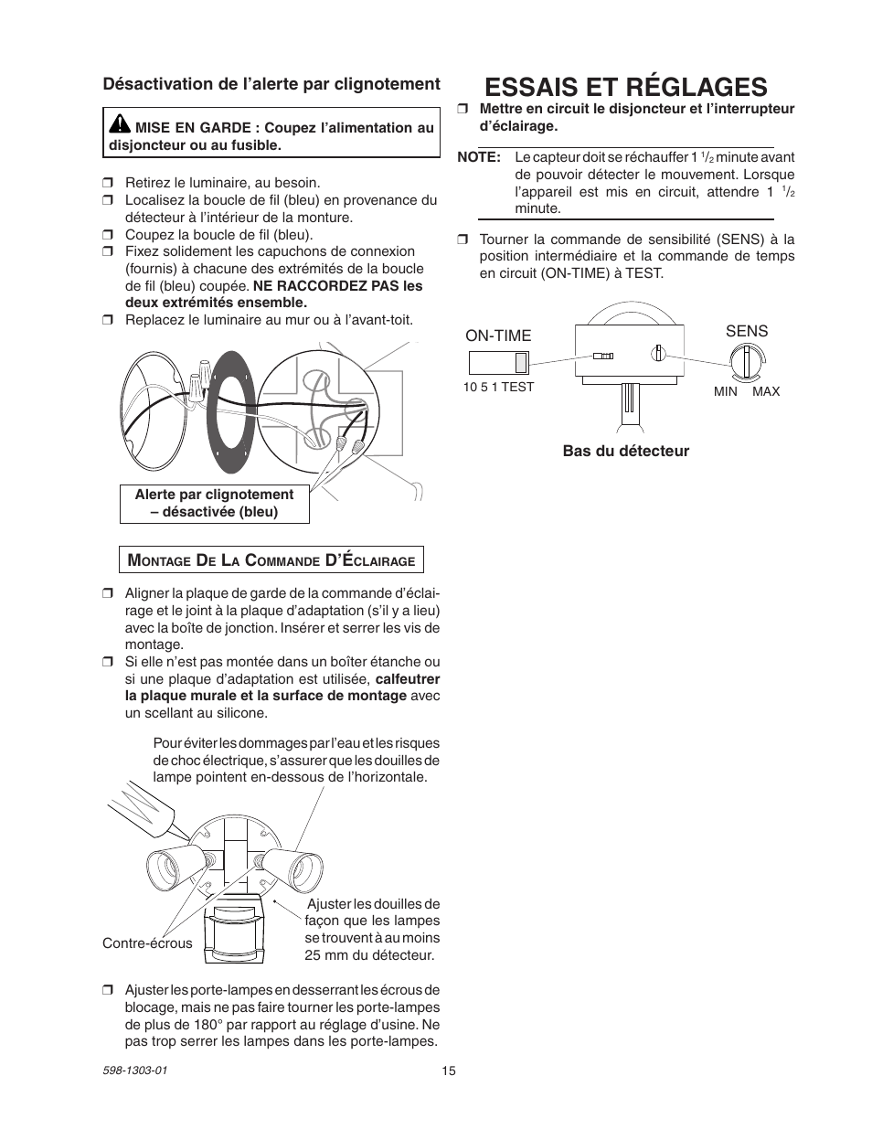 Essais et réglages | Heath Zenith Motion Sensor Light Control 5408 / 5410 User Manual | Page 15 / 20