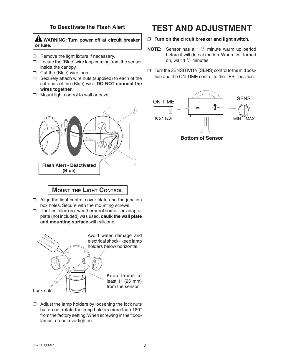 Test and adjustment | Heath Zenith Motion Sensor Light Control 5408 / 5410 User Manual | Page 3 / 20