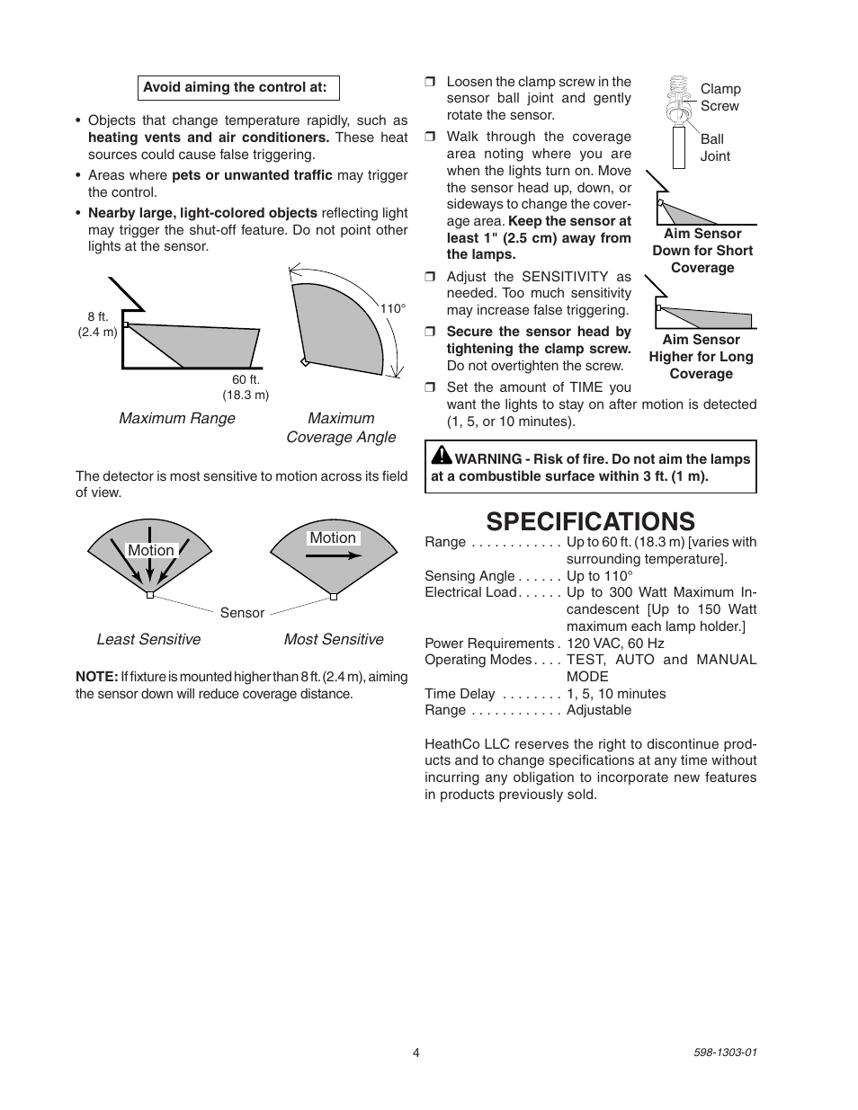Specifications | Heath Zenith Motion Sensor Light Control 5408 / 5410 User Manual | Page 4 / 20