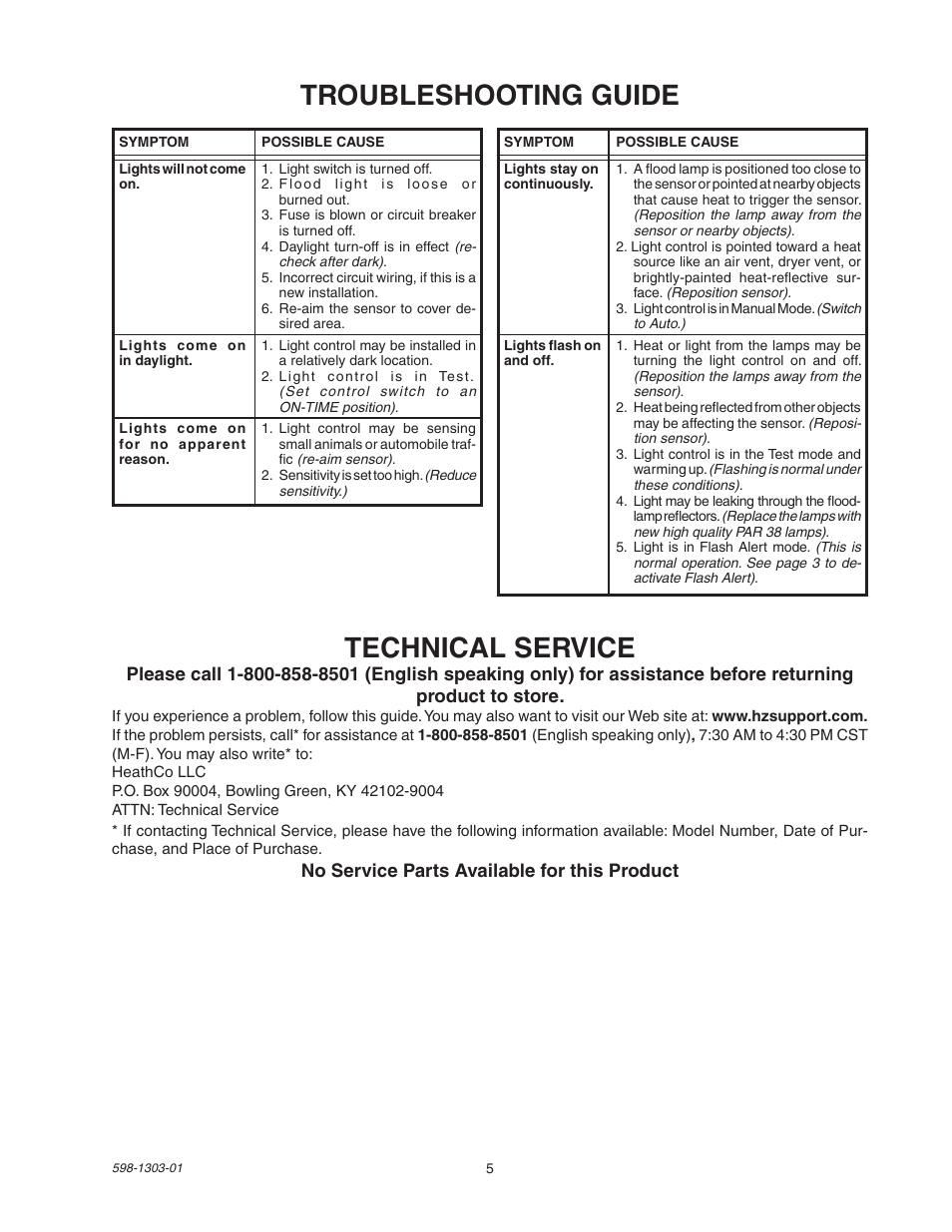 Troubleshooting guide technical service | Heath Zenith Motion Sensor Light Control 5408 / 5410 User Manual | Page 5 / 20