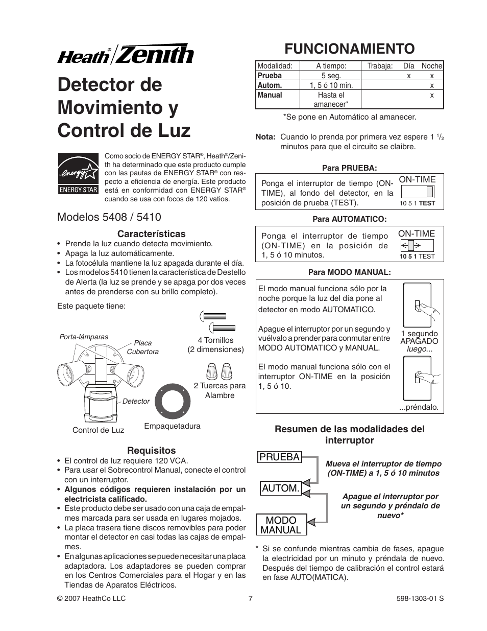 Detector de movimiento y control de luz, Funcionamiento, Prueba autom. modo manual | Heath Zenith Motion Sensor Light Control 5408 / 5410 User Manual | Page 7 / 20