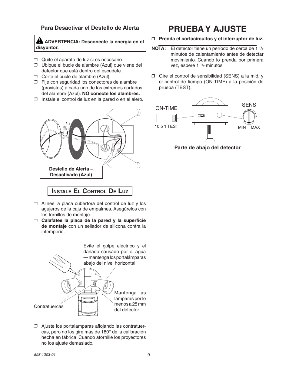 Prueba y ajuste | Heath Zenith Motion Sensor Light Control 5408 / 5410 User Manual | Page 9 / 20