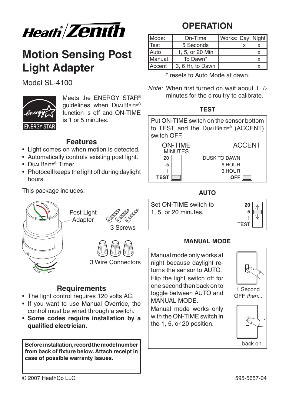 Heath Zenith Motion Sensing Post Light Adapter SL-4100 User Manual | 16 pages
