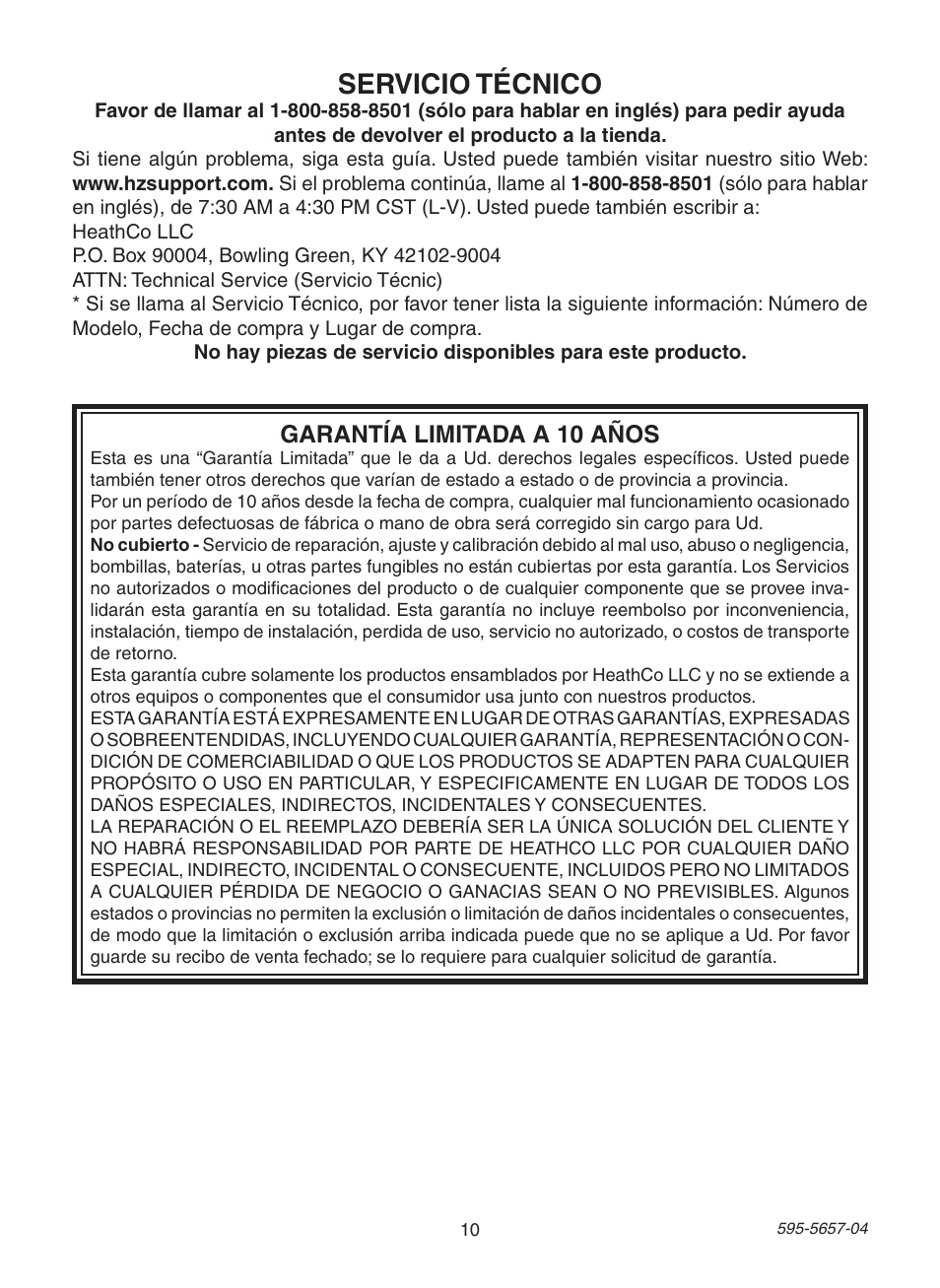 Servicio técnico, Garantía limitada a 10 años | Heath Zenith Motion Sensing Post Light Adapter SL-4100 User Manual | Page 10 / 16