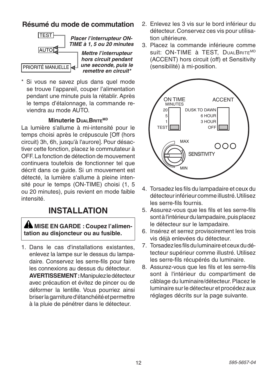 Installation, Résumé du mode de commutation | Heath Zenith Motion Sensing Post Light Adapter SL-4100 User Manual | Page 12 / 16